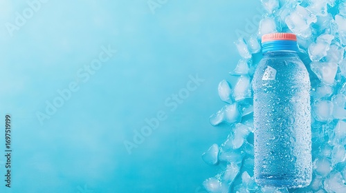 Refreshing clear plastic water bottle with red cap lying on icy cold surface surrounded by crushed ice with a cool blue background perfect for hydration and summer