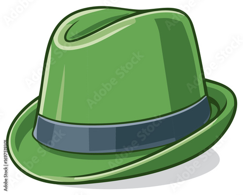 Illustration of a Green Fedora Hat with Band, Old-Fashioned Style
