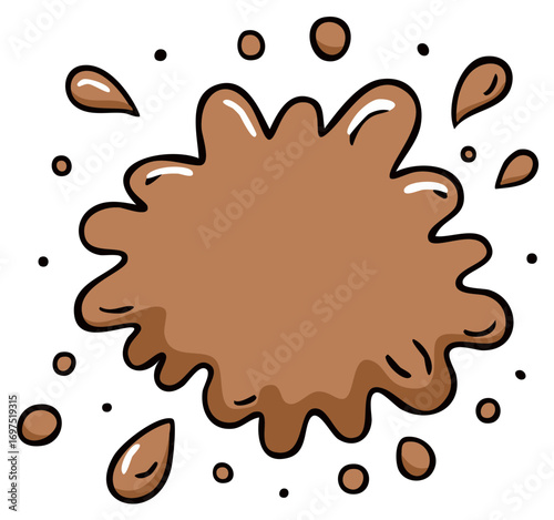 Brown liquid splash illustration with droplets. Cartoon style messy blot splat graphic element.