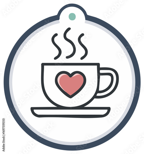 Steaming coffee cup icon with a heart design on a round tag
