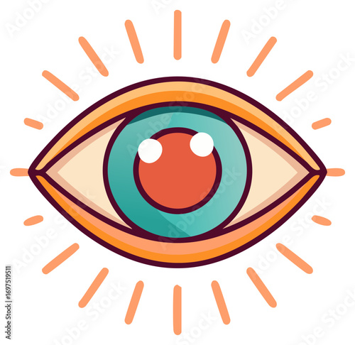 Stylized eye with pupil, iris, and eyelashes illustration in bright orange, teal, tan and peach colors, vision concept