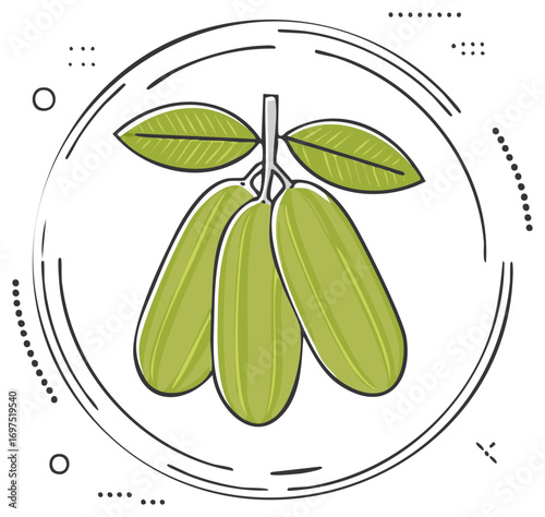 Green Fruit Bunch with Leaves Inside Circular Abstract Design