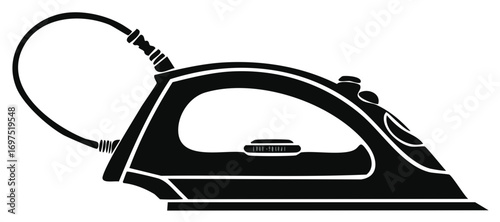 Black and White Vector Graphic of Steam Iron with Power Cord for Laundry and Pressing