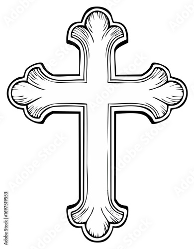 Stylized Religious Cross Outline Symbol of Faith Black and White Vector Illustration