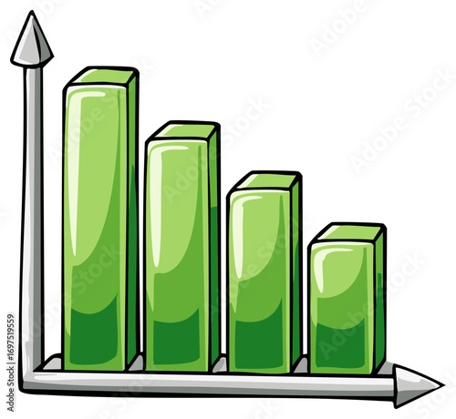 Declining Bar Chart with Arrow Graph Showing Falling Statistics or Sales Performance