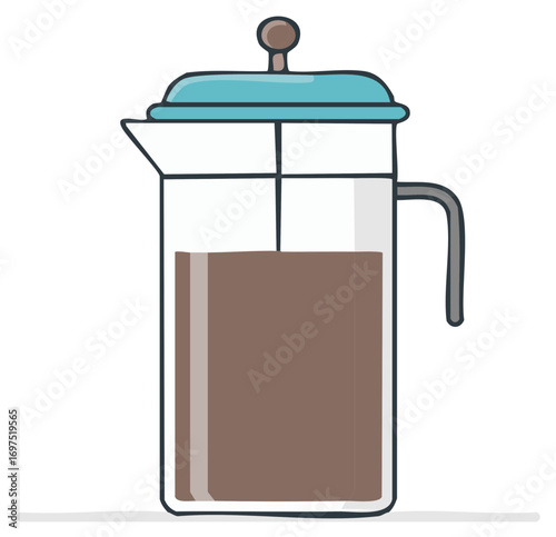 Hand drawn illustration of a glass French press coffee maker with a blue lid