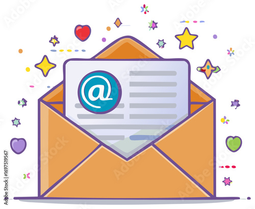 Digital communication message concept with open envelope and email at symbol surrounded by cheerful stars and hearts