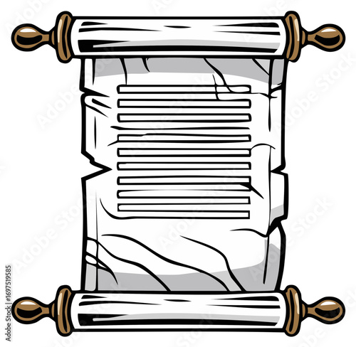 Cartoon illustration of a scroll with text, old manuscript parchment with handles, reading