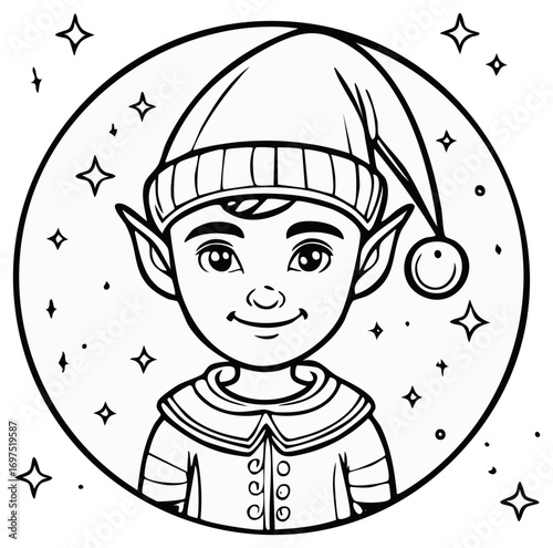 Festive coloring page showcasing a cheerful elf with pointed ears, wearing a striped hat, and adorned with stars, perfect for holiday season fun