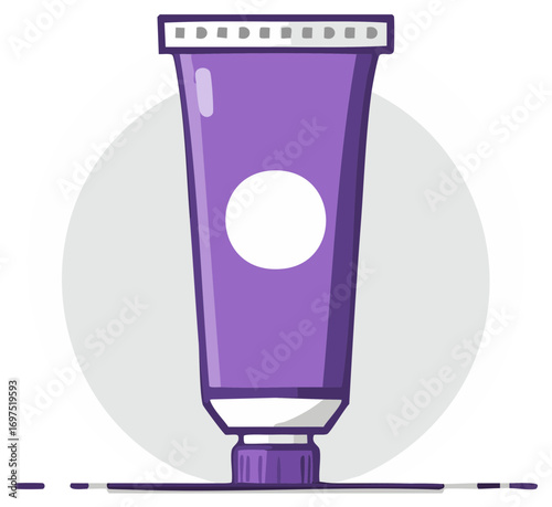 Purple cosmetic cream tube with white circle detail and textured cap on abstract background