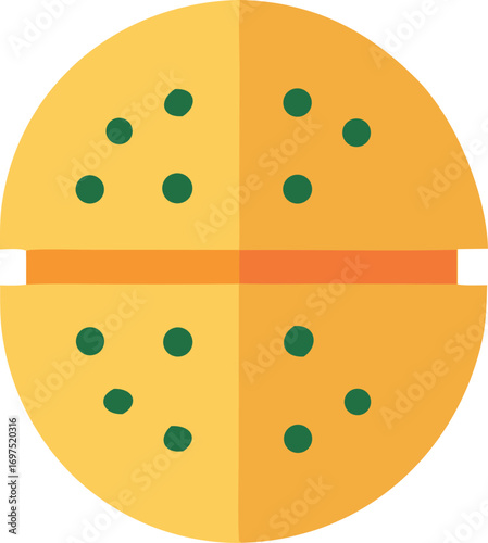 Stylized circular hamburger icon with sesame seeds and bun top view flat design appetizing food graphic