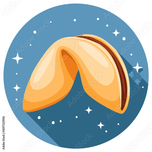 Golden fortune cookie with a message inside on a celestial starry blue background