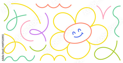 Colorful abstract design featuring cheerful flower with playful lines and patterns suitable for creative projects or children art