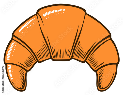 Illustration of a classic croissant, baked pastry in an orange color scheme, food concept