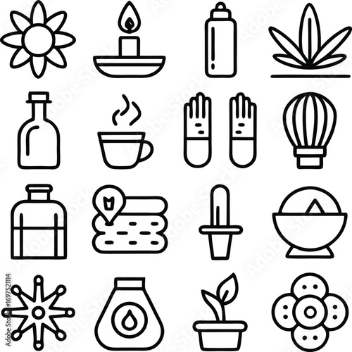 Spa and wellness icons set featuring relaxation and beauty symbols for health and self-care themes
