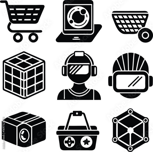 Collection of futuristic technology and gaming icons shopping carts vr headsets cubes and geometric shapes for digital design