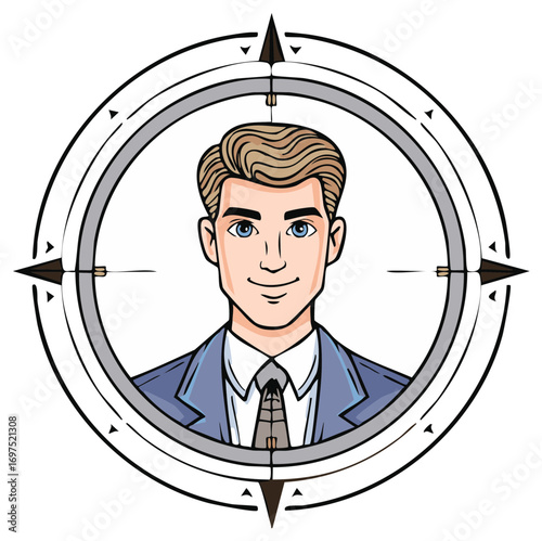 Professional man portrait in suit framed by directional compass design, navigation and direction.