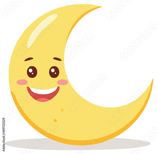 Bright yellow crescent moon cartoon character with a happy, smiling face and rosy cheeks