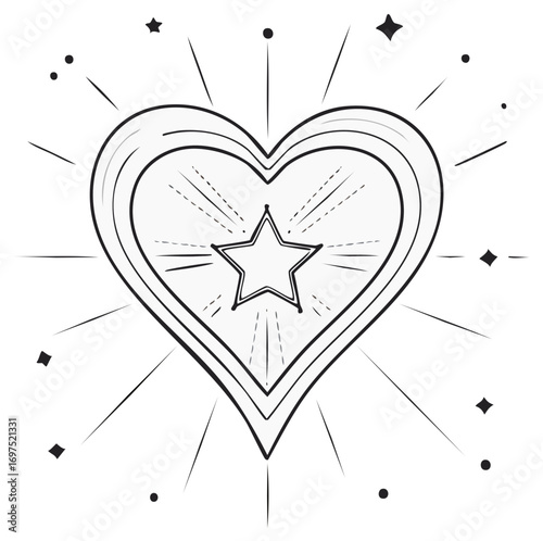 Heart with Star Vector Illustration Mystic Love Outline for Cards Prints Stickers