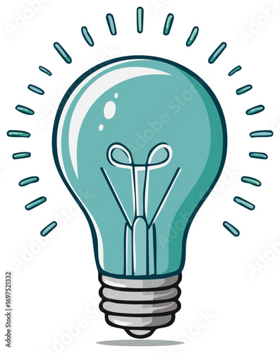 Teal cartoon light bulb illustration shining brightly as a symbol of a new idea or innovation