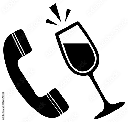 Celebration call icon with a classic telephone handset and a toasting wine glass vector illustration