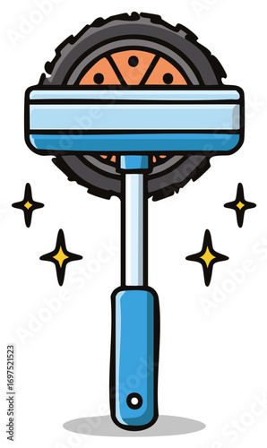 Cartoon illustration of a scrub brush or cleaning tool with tire and star accents, sparkling