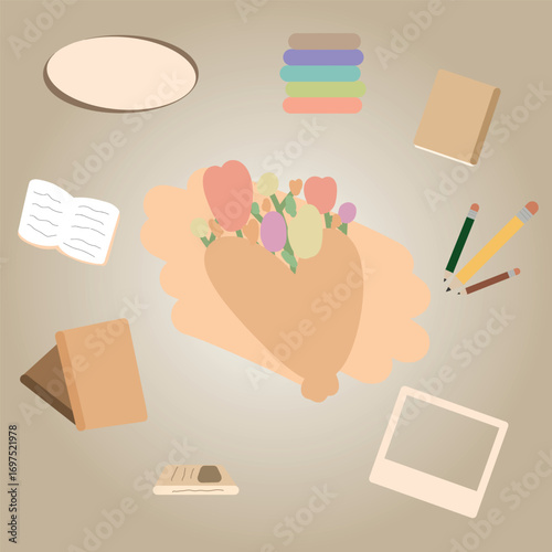 A soft-toned illustration featuring a bouquet of flowers surrounded by books, notebooks, and stationery items. Perfect for education, stationery, or cozy lifestyle designs.