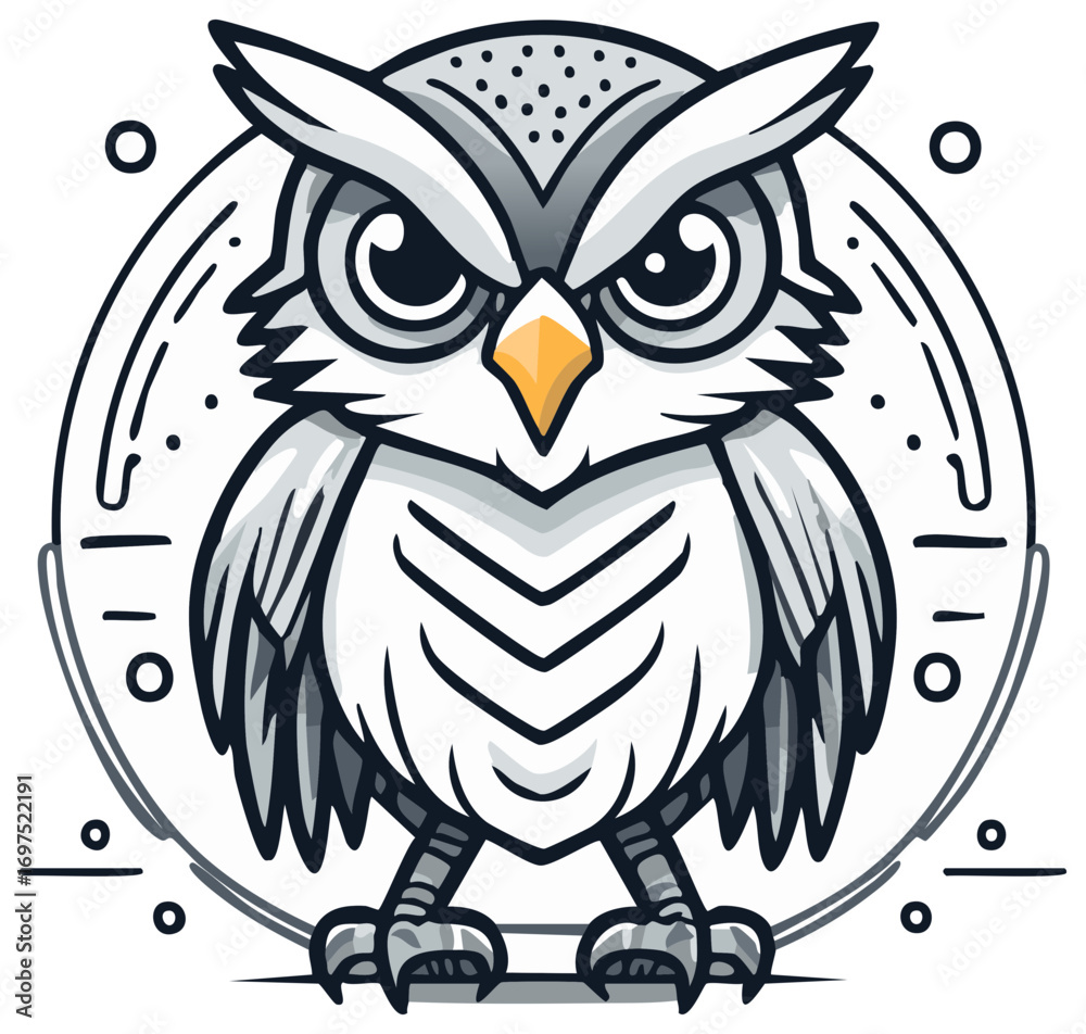 Fototapeta premium Stylized Cartoon Owl in Circle with Dots and Lines