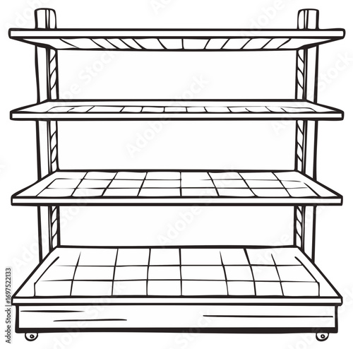 Hand Drawn Style Illustration of Empty Shelves With Wheels, Black and White Outline, Storage Furniture Concept, Shop Shelving Display