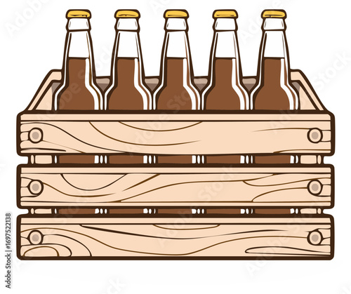Five brown glass beer bottles with yellow caps in a rustic wooden crate illustration