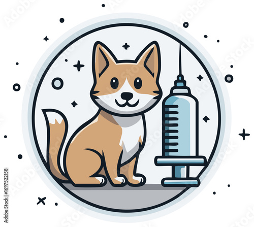 Cartoon Dog Ready for Vaccination, Veterinary Services, Pet Healthcare and Protection with Syringe
