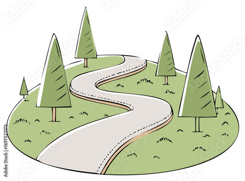 Winding road illustration with trees and grass, perfect for design and travel concepts.