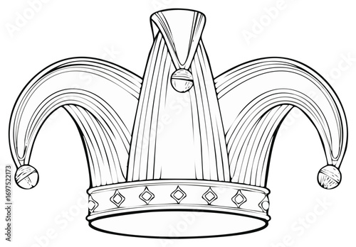 Classic Jester Hat with Bells and Diamond Patterned Band in Outline Style