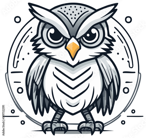 Stylized Cartoon Owl in Circle with Dots and Lines