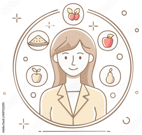 Female dietitian surrounded by healthy food icons for a wellness and nutrition concept