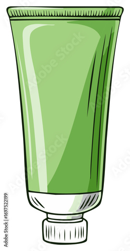 Green cosmetic squeeze tube with white cap, illustrated cartoon style