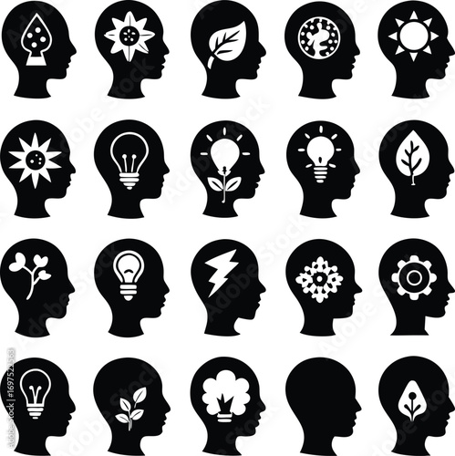 Diverse icons representing human mind and ideas set brainstorming creativity innovation concepts silhouette collection