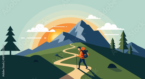 Hiker Ascending Mountain Path at Sunrise, Backpack and Trekking Poles.