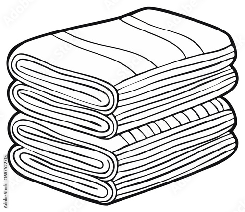 Neatly Stacked Folded Clothes and Fabrics: Towels, Blankets, Linens, Textile Products, Laundry Items in a pile ready for use.