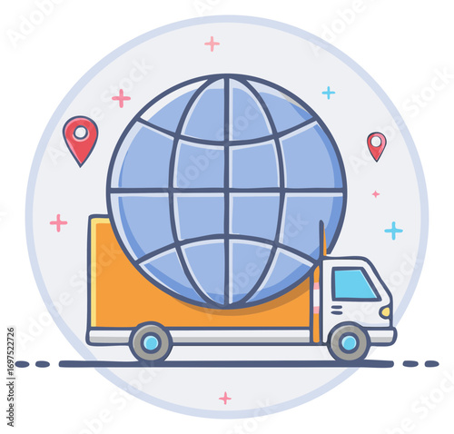Global Delivery Truck with Red Location Pins and Cross Symbols