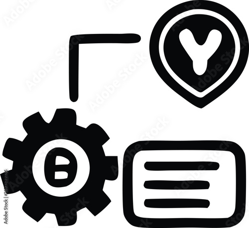 Conceptual diagram representing process workflow with a gear icon representing mechanics and a location pin showing destination