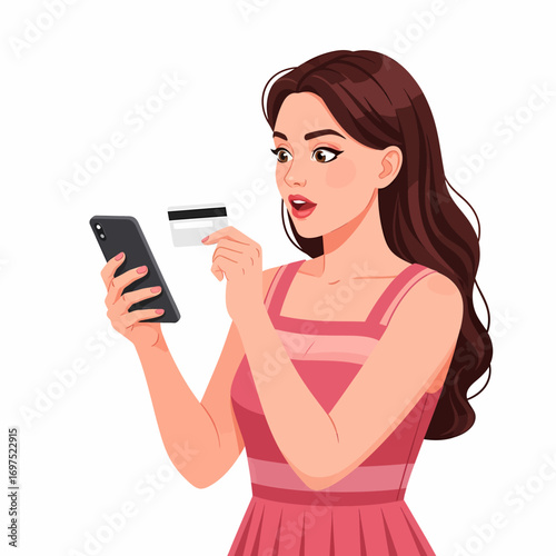 Woman in pink dress holding credit card and smartphone, looking surprised.