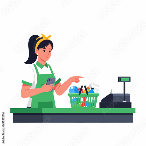 Cashier using a smartphone to scan groceries at checkout.