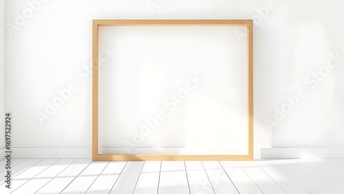 Minimalist wooden frame on a wooden floor against a white wall with soft shadow details.