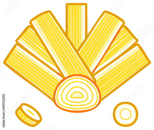 Fresh chopped leek vegetable illustration with fanned stalks and cut slices