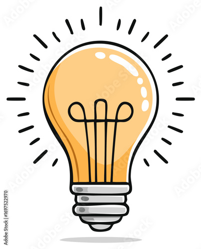 Hand drawn glowing light bulb cartoon representing bright new idea solution concept or creative inspiration
