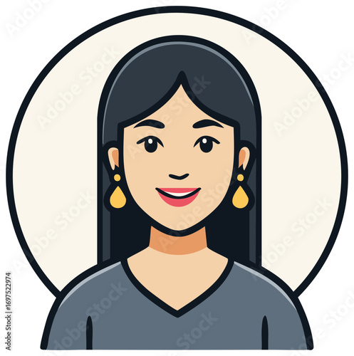 Stylized portrait of a smiling woman with long dark hair wearing teardrop earrings and a gray top, enclosed in a circular frame