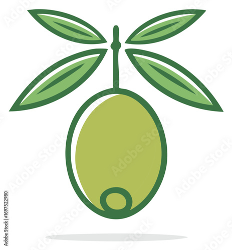 Stylized green olive fruit with leaves icon illustration