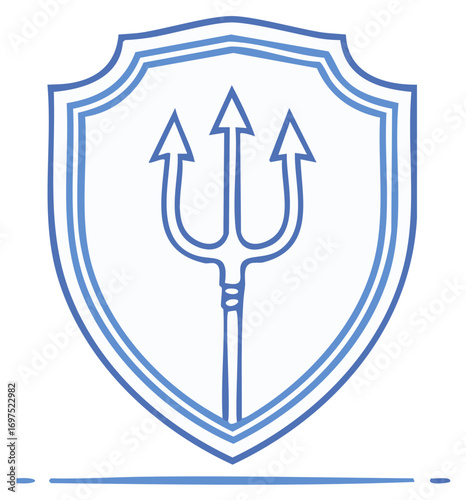 Blue outline vector illustration of a powerful trident spear emblem within a strong heraldic shield icon