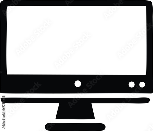 Modern flat screen computer monitor display with stand icon representation for digital technology and online media
